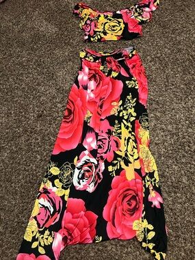 Two-Piece Floral Maxi Skirt Set - Black with Hot Pink & Yellow Roses